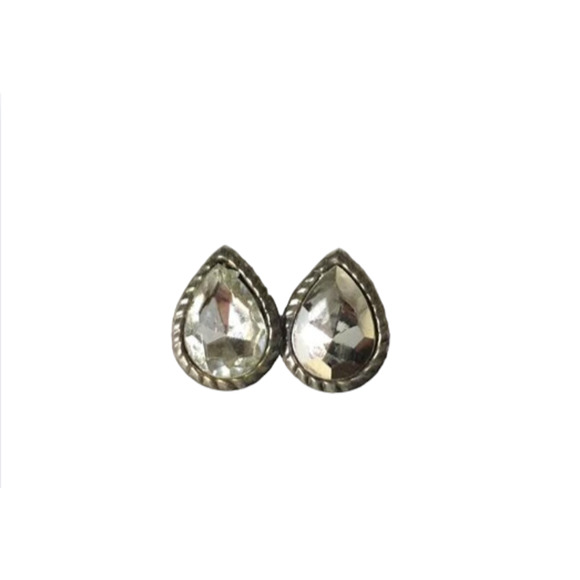 Vintage 50's Teardrop Silver-tone Lucite Earrings - Clear Faceted Glass Clip-ons - Picture 3 of 7
